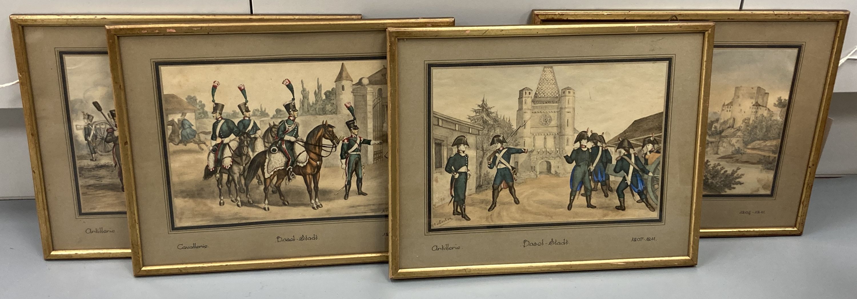 After Albert von Escher (Swiss 1839-1905). Basel-Stadt, a set of four framed military prints, 17 x 24cm